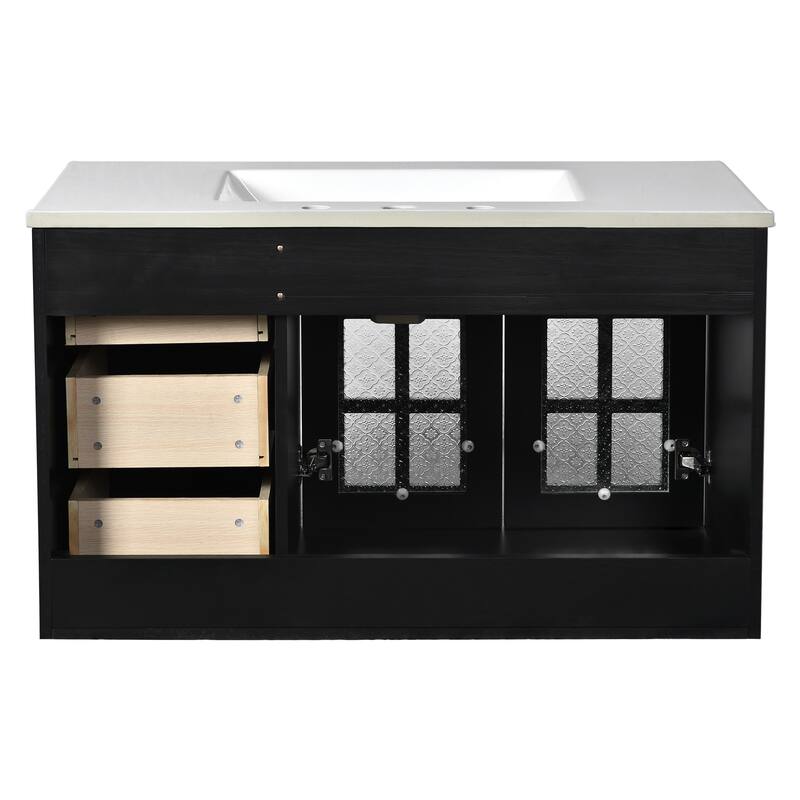 Floating Bathroom Vanity Black Wall Cabinet with Basin Sink Platform, Hazy Embossed Glass Doors, 3 Drawers and Metal Knobs