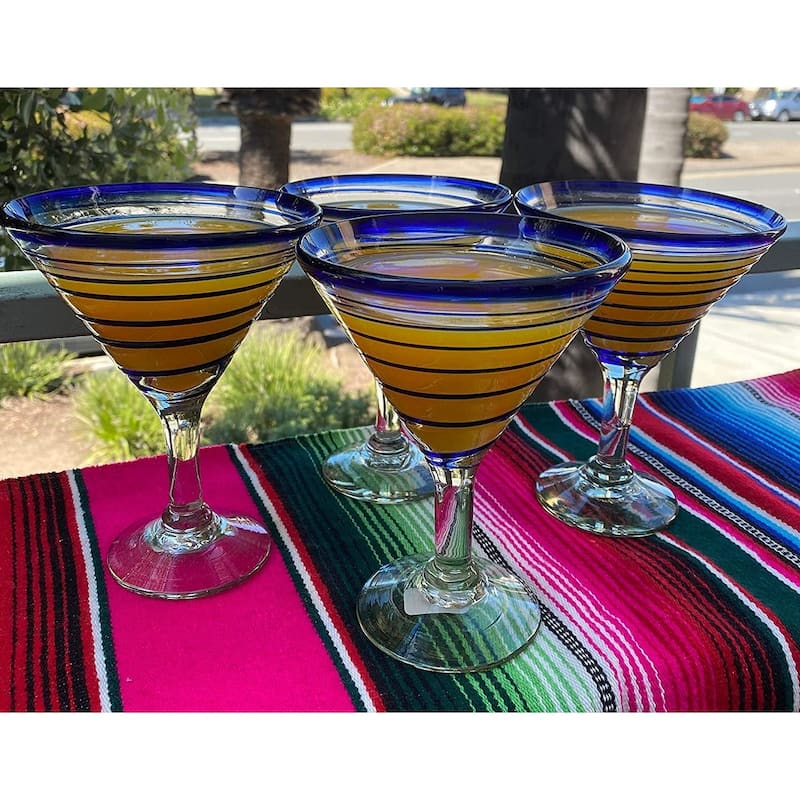 Dos Suenos Mexican Hand Blown Glass - Set of 4 Hand Blown Modern Margarita Glasses - Blue Spiral (12 oz)