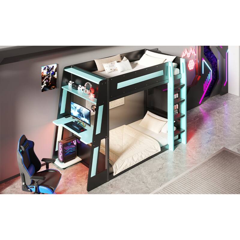 Roomfitters Twin/Full Over Twin Wooden Gaming Bunk Bed with Desk and LED Lights