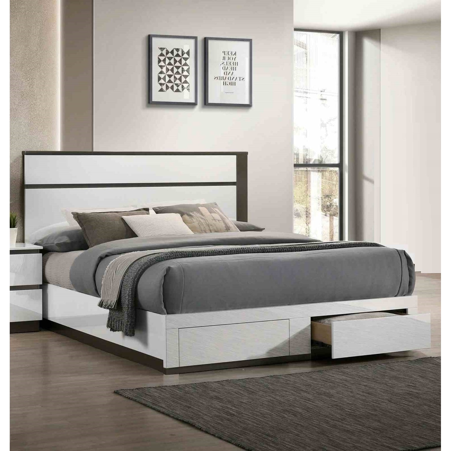 Contemporary White Metallic Gray Finish 1pc Footboard Drawers Bed
