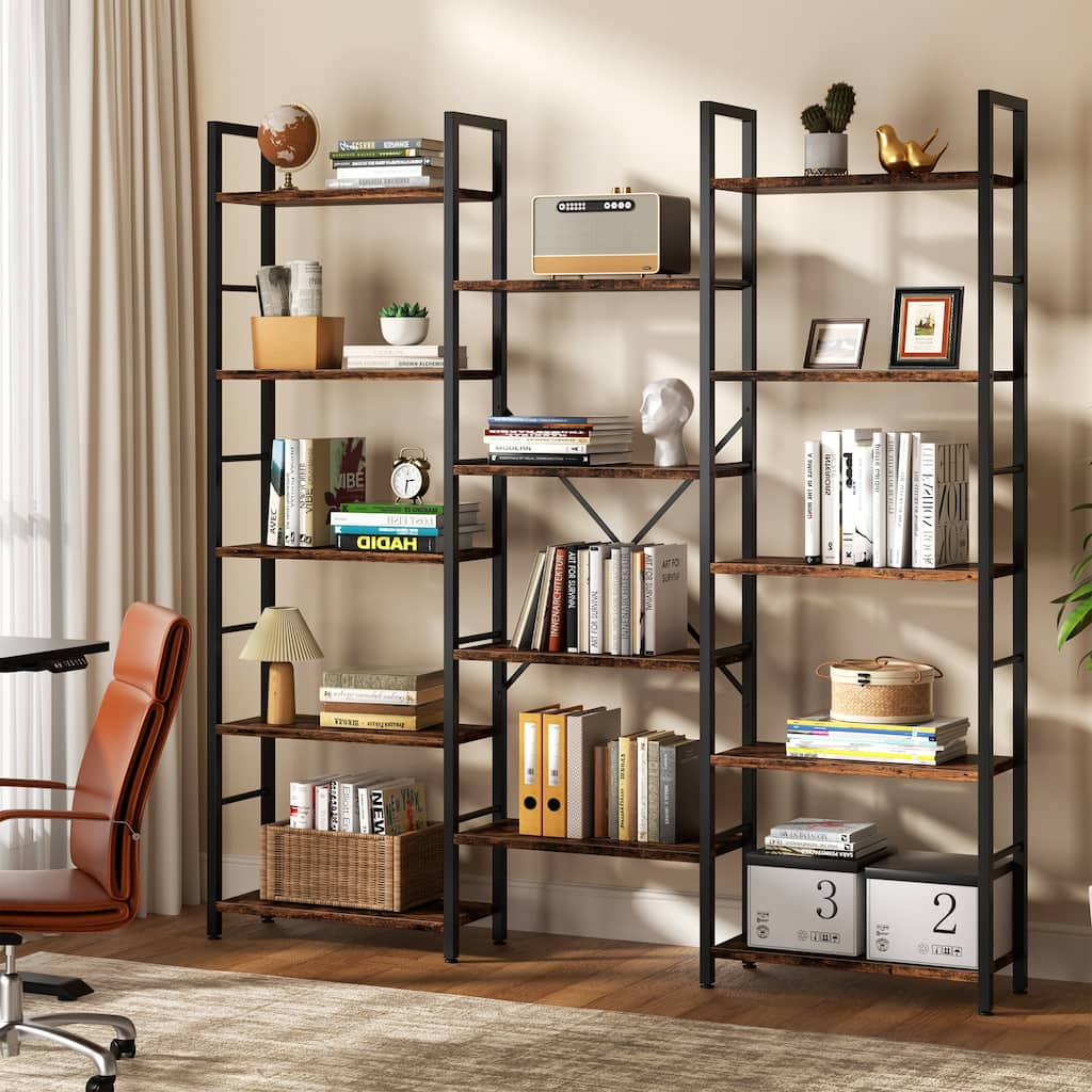 Industrial 5-Tier Wood Storage Bookshelf, Bookcase