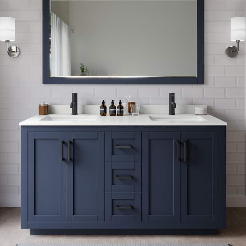 Wyndham Collection WCF292960D-QTZ-UNSMXX Miranda 60" Free Standing - Dark Blue / White Quartz Top / Matte Black