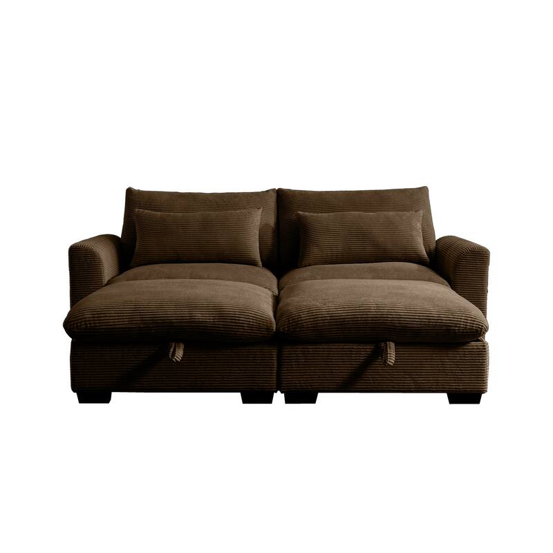Corduroy Loveseat Sofa Couch with Storage Ottomans, Modern Sectional 2 Seater Sofa with Deep Seat, Pillows for Small Spaces