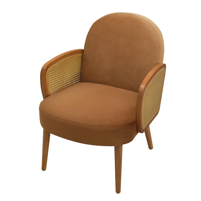 Velvet Accent Chair with Rattan Armrests, Rubberwood Legs and Ergonomic Back Support