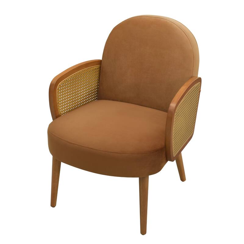 Velvet Accent Chair with Rattan Armrests