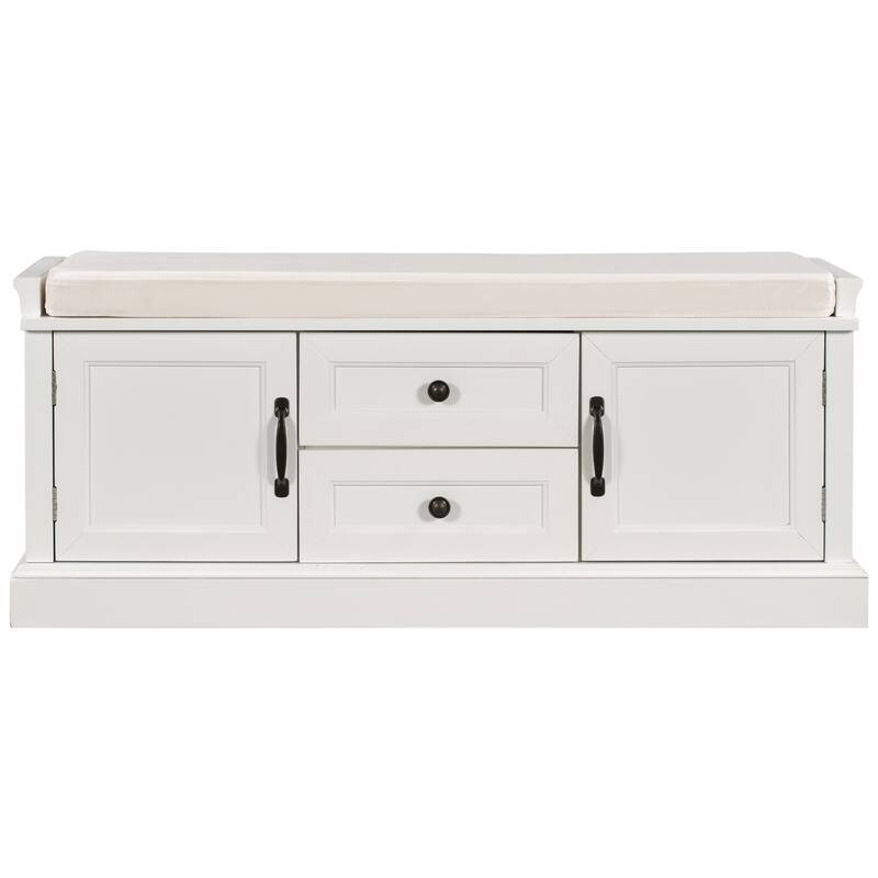 Storage Bench with 2 Drawers and 2 Cabinets, Shoe Bench with Removable Cushion - White