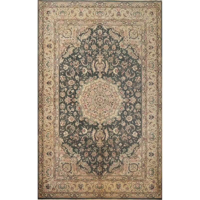 Hand Knotted Oriental Wool & Silk Carpet Traditional Floral Green Aubusson Area Rug - 9' 0'' X 6' 2''