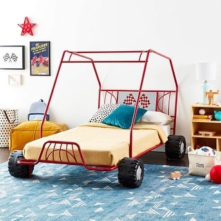 Twin Size Car Model Bed with Four Wheels, Supported by an Iron Frame