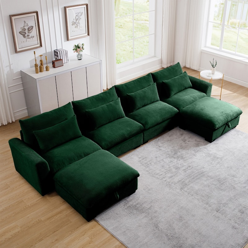 Corduroy Reversible Modular Sectional Sofa with 2 Storage Ottomans and 4 Waist Pillows