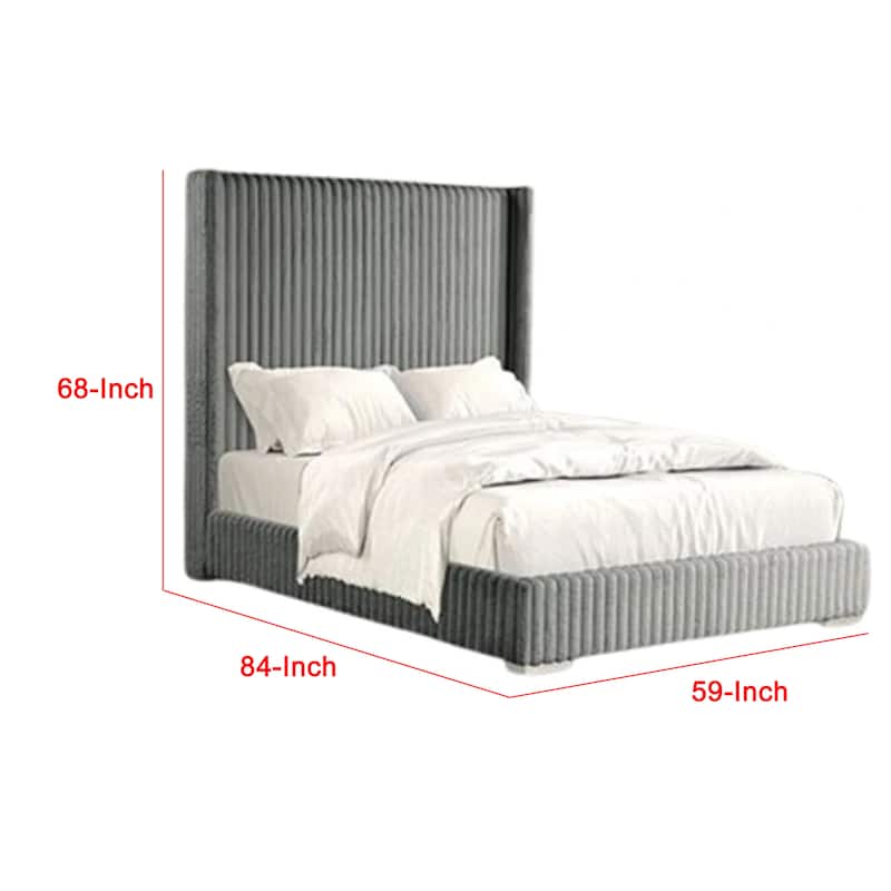 Wolo Full Bed, Gray Fur Chenille Ribbed Upholstery, Wing Headboard
