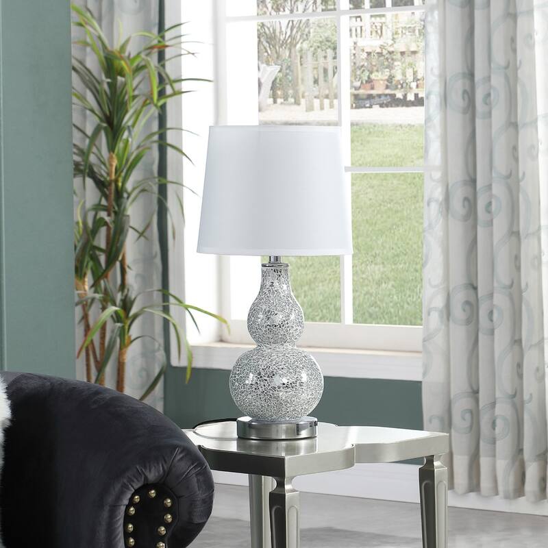 Silver Resin Gourd Table Lamp with White Globe Shade and Cord - 9.75” x 9.75” x 19.5” (D x W x H)