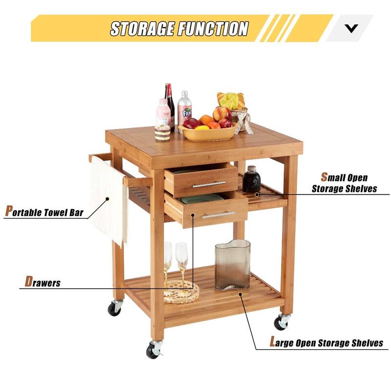 Rolling Bamboo Wood Kitchen Island Cart, MultiPurpose Kitchen Trolley