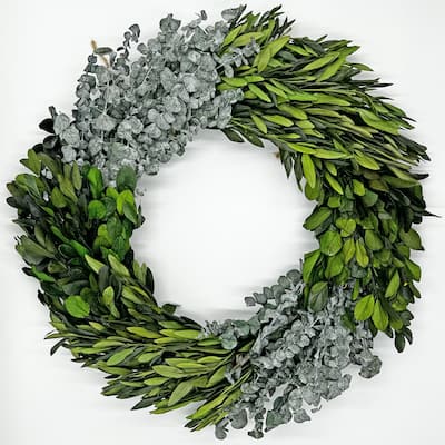 Preserved Decorative Dried Real Eucalyptus and Boxwood Wreath 21 Inch - Green