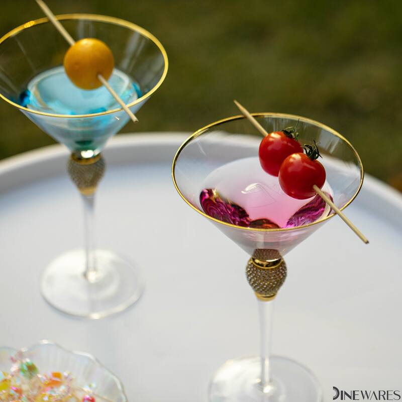 Premium Clear Stem Crystal Martini Glasses with Rim and Diamond-like Rhinestones, Elegant 10oz Glassware Set for Cosmopolitan