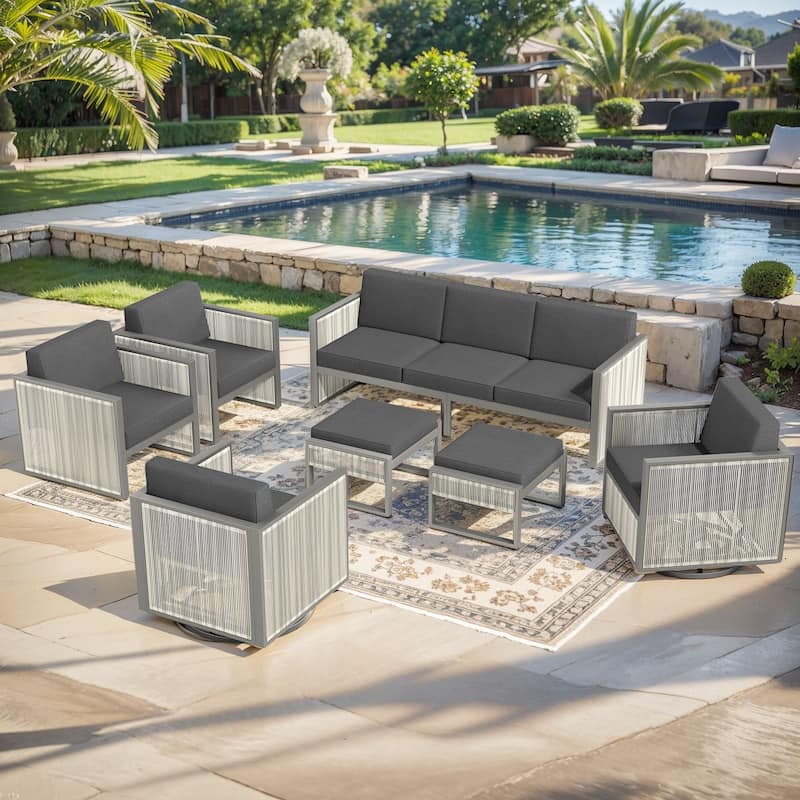 Pocassy 7-Piece Outdoor Sofa Swivel Chair with Ottoman - Dark Grey Cushion - 7PCS Sofa Chairs with Ottoman