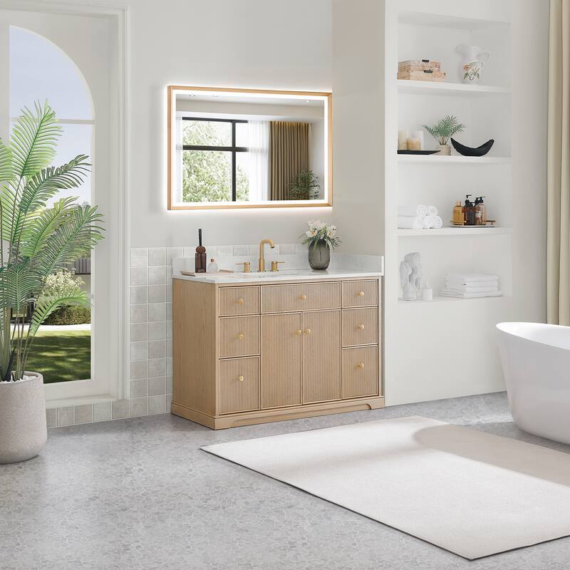 Barnett Bathroom Vanity in Natural Oak with Grain White Engineered Stone Countertop No Mirror