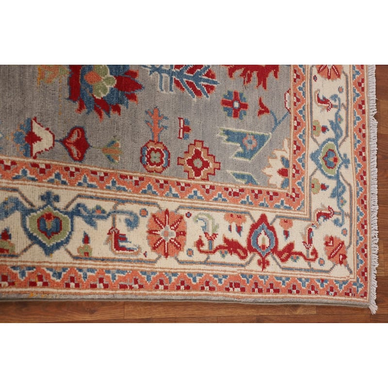 Floral Kazak Area Rug Handmade Traditional Grey Wool Carpet - 5'0" x 6'5"