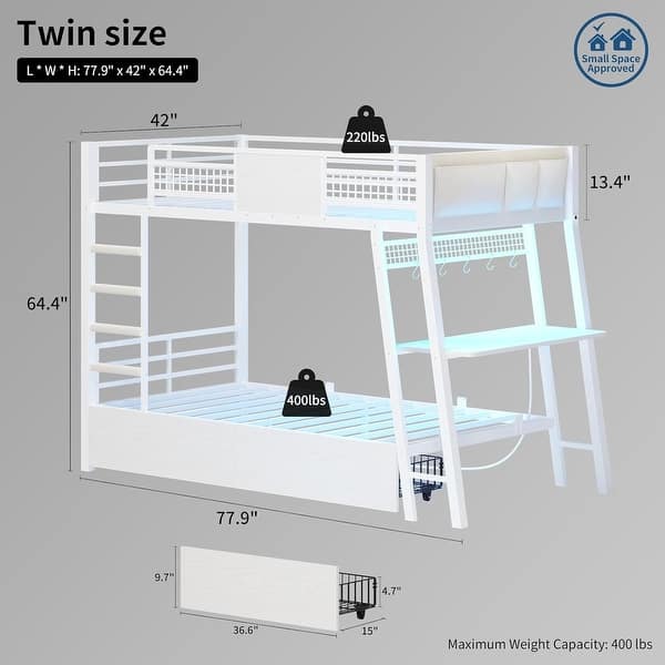 dimension image slide 0 of 2, LED Kids Bunk Bed with Desk Twin Over Twin Metal Loft Bed 2 Drawers Power Outlets