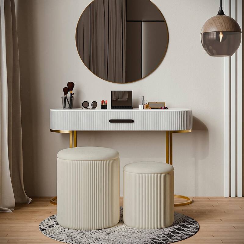 BOSSIN Round Ottoman with Storage Set of 2, Velvet Vanity Stool, Pouf Ottoman Foot Rest