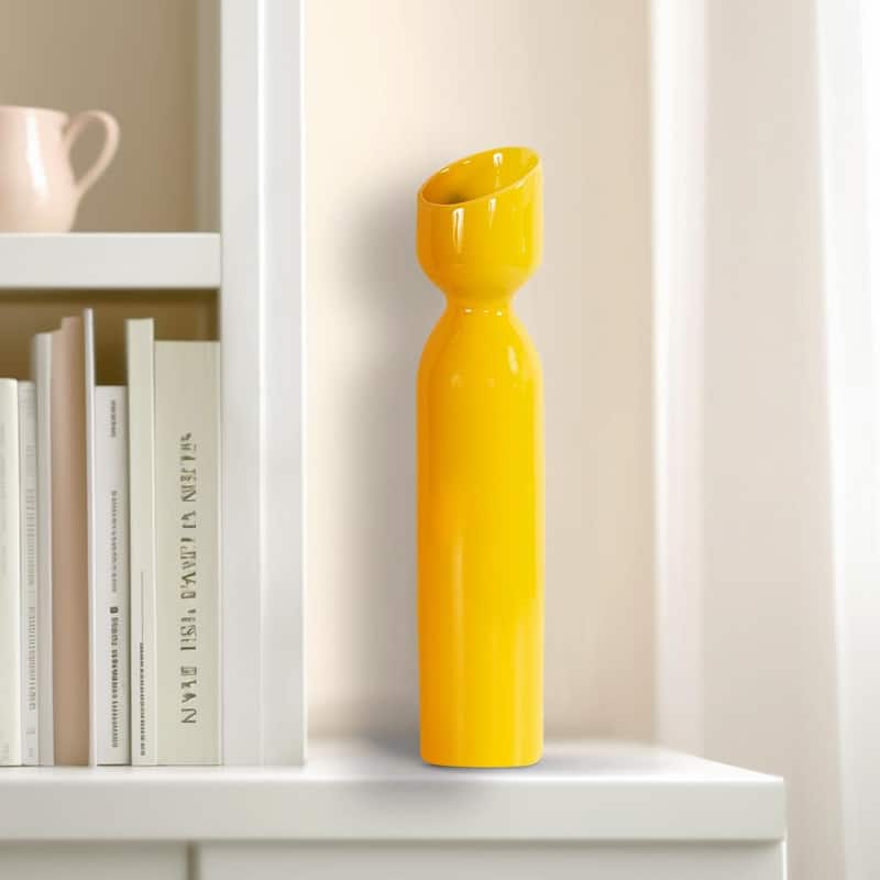 Allan Andrews Contemporary Glossy Yellow Slanted Top Ceramic Vase - 15.25"H