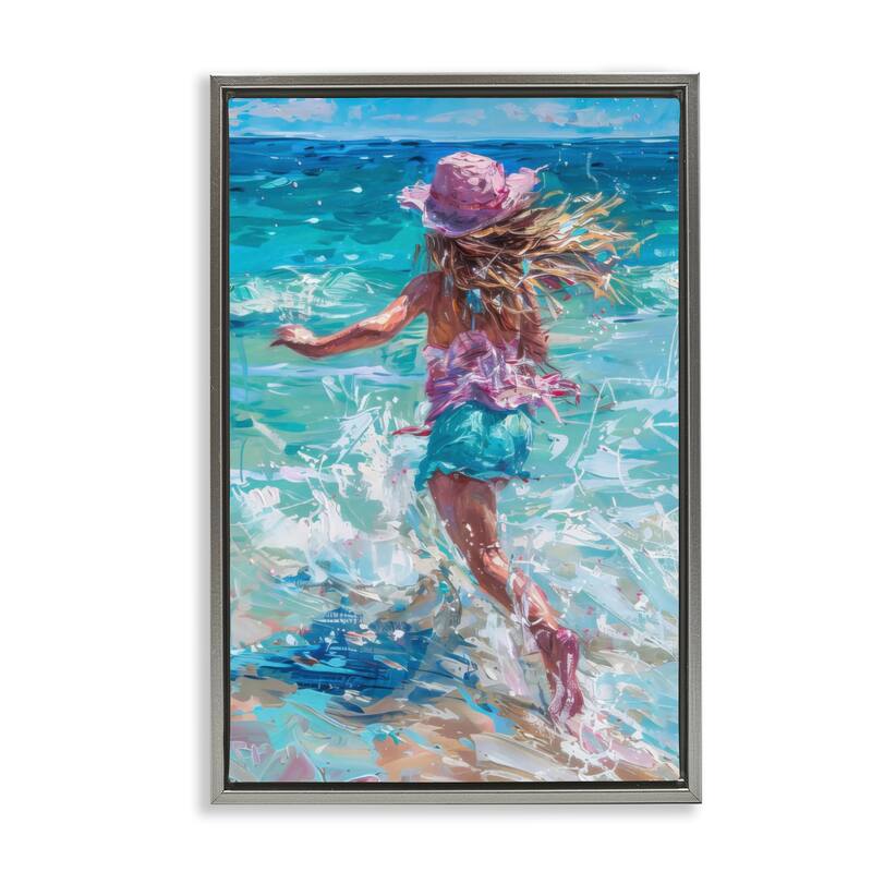 Stupell Summer Beach Fun Girl Framed Floater Canvas Wall Art Design By LSR Design Studio - 21 x 31 - Grey