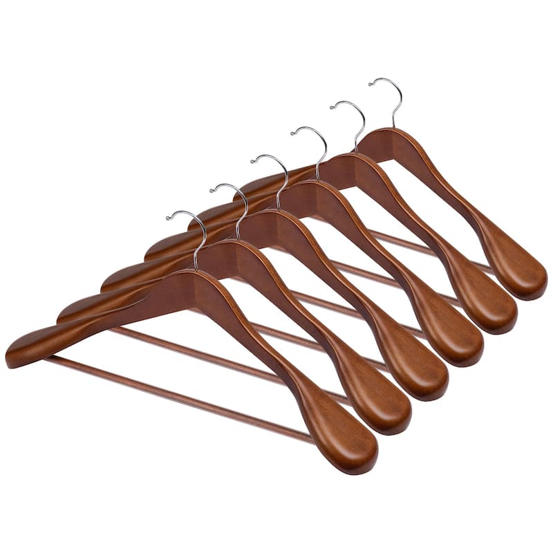 Heavy-Duty Wooden Hangers, Extra Wide Shoulder Wood Coat Hanger - 6-pack - Light Walnut Color