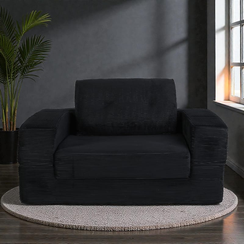 Compression Human Dog Sofa Bed, 3-in-1 Corduroy Floor Couch with Pillow, Folding Lounger for Adults & Pets - Black