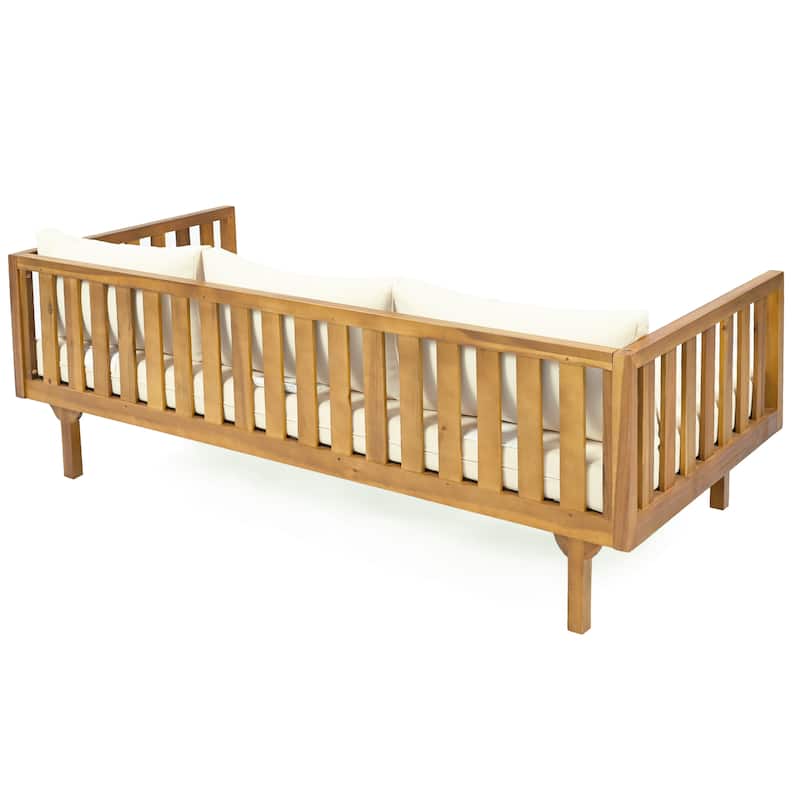 Roomfitters 3 Seater Wooden Patio Sofa with Weather-Resistant Cushions, Modern Outdoor Daybed, Sturdy Patio Seating