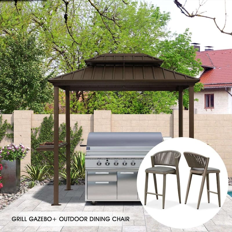 PURPLE LEAF 6ft x 8ft Hardtop Grill Gazebo Galvanized Steel Roof Outdoor BBQ Canopy with 2 Pcs Outdoor Counter Stools