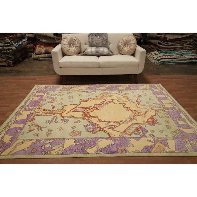 Hand Knotted Oriental 100% Wool Carpet Transitional Geometric Green Oushak Area Rug - 7' 8'' X 5' 11''