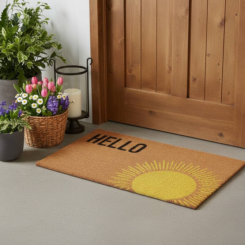 HomeRoots 17" X 29" Brown Yellow And Black Sunny Hello Outdoor Coir Door Mat - 17.00' X '29.00 - 17.00' X '29.00