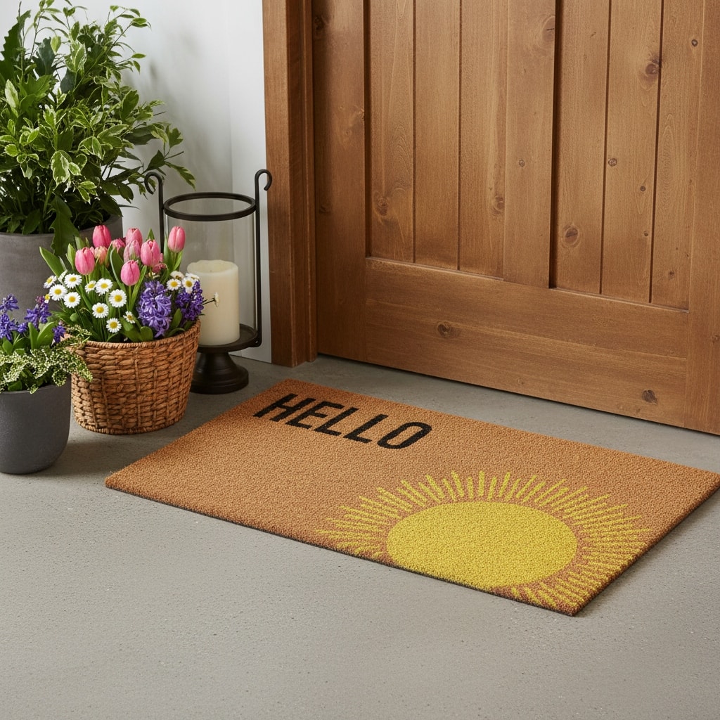 HomeRoots 17" X 29" Brown Yellow And Black Sunny Hello Outdoor Coir Door Mat - 17.00' X '29.00