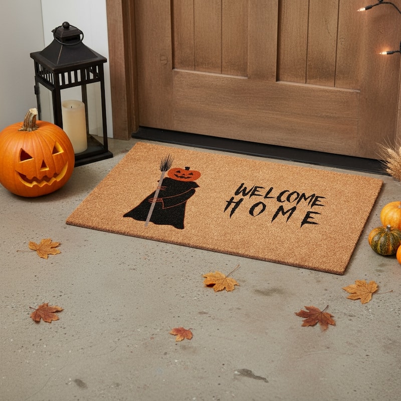 HomeRoots 24" X 36" Natural And Brown Spooky Pumpkin Halloween Welcome Outdoor Coir Door Mat - 24.00' X '36.00 - 24.00' X '36.00