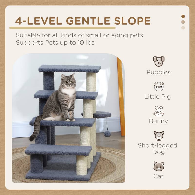 4 Levels Cat Steps, Pet Stairs Carpeted Ladder, Kitten Tree Climber with Scratching Posts, Hanging Play Ball, Side Step - Gray