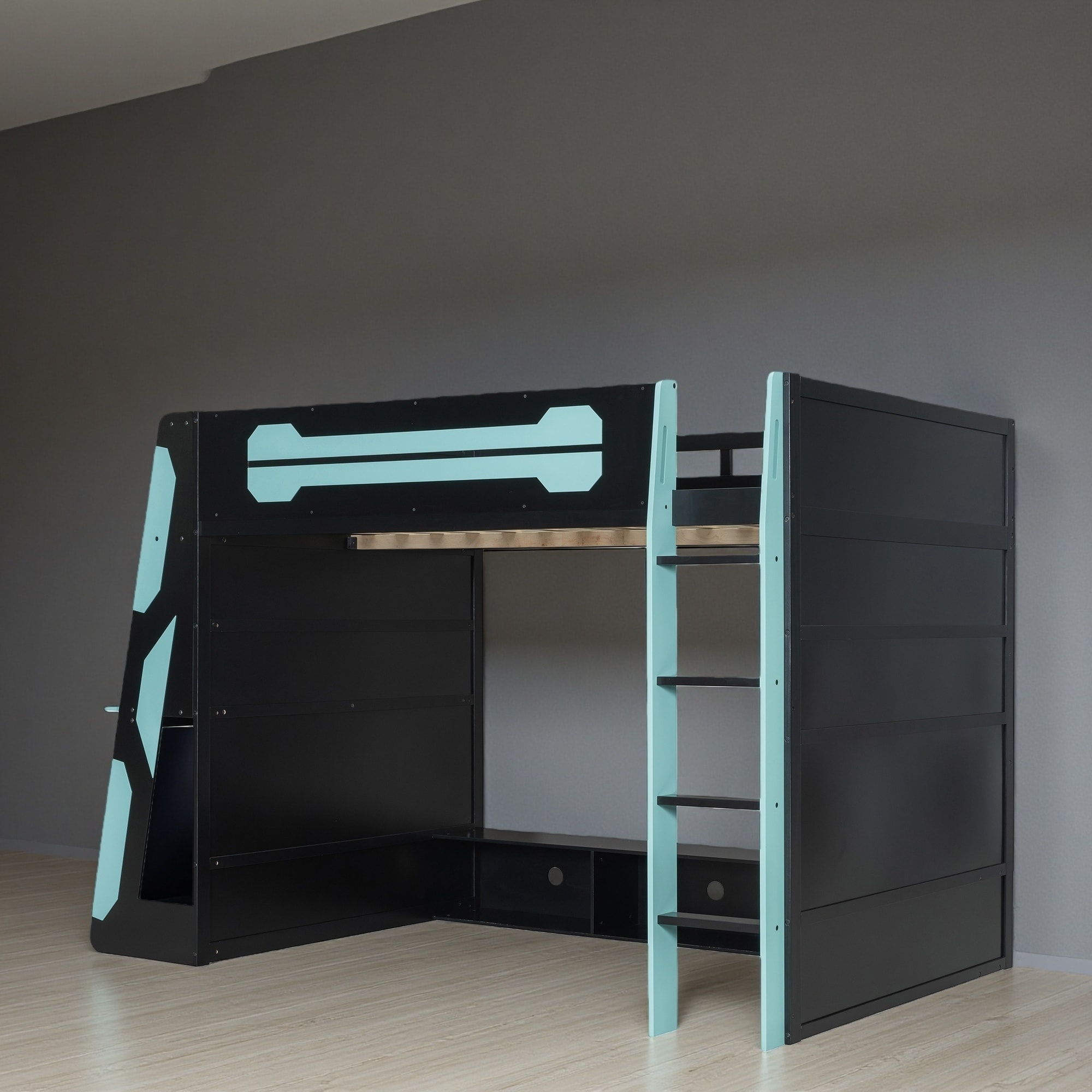 Full Size Wood Loft Bed with Desk, Multi-Storage Shelves, RGB Light & Esports Gaming Setup