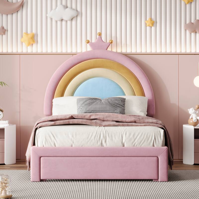 Arc Rainbow Headboard Upholstered Bed Frame, Velvet Princess Platform Bed with Storage Drawer, Wood Panel Bed - Pink - Twin