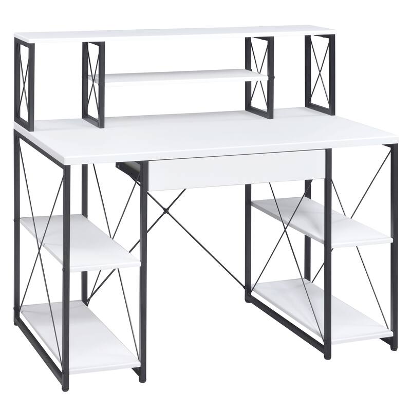 Stylish Office Desk with Hutch, 8 Open Compartments, and Drawer for Organization, Modern Writing Desk with Metal Sled Base