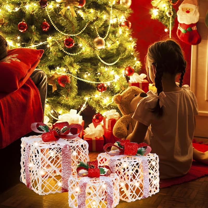 Gymax Set of 3 Christmas Present Boxes Festival Lighted Decor Boxes w/