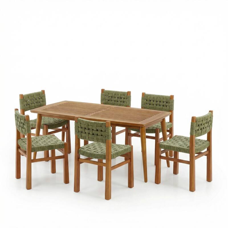 Christopher Knight Home - Mireo 7-Piece Outdoor Acacia Wood Dining Set with Woven Wicker Chairs & 71" Rectangular Slat Table