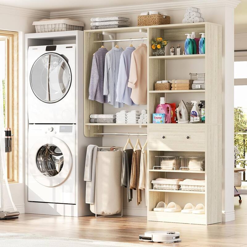 5FT Closet System with 2 Hanging Rods and Wooden Drawer, Walk-in Closet Organizer with 2 Wing Shelve and Adjustable Rack Shelves