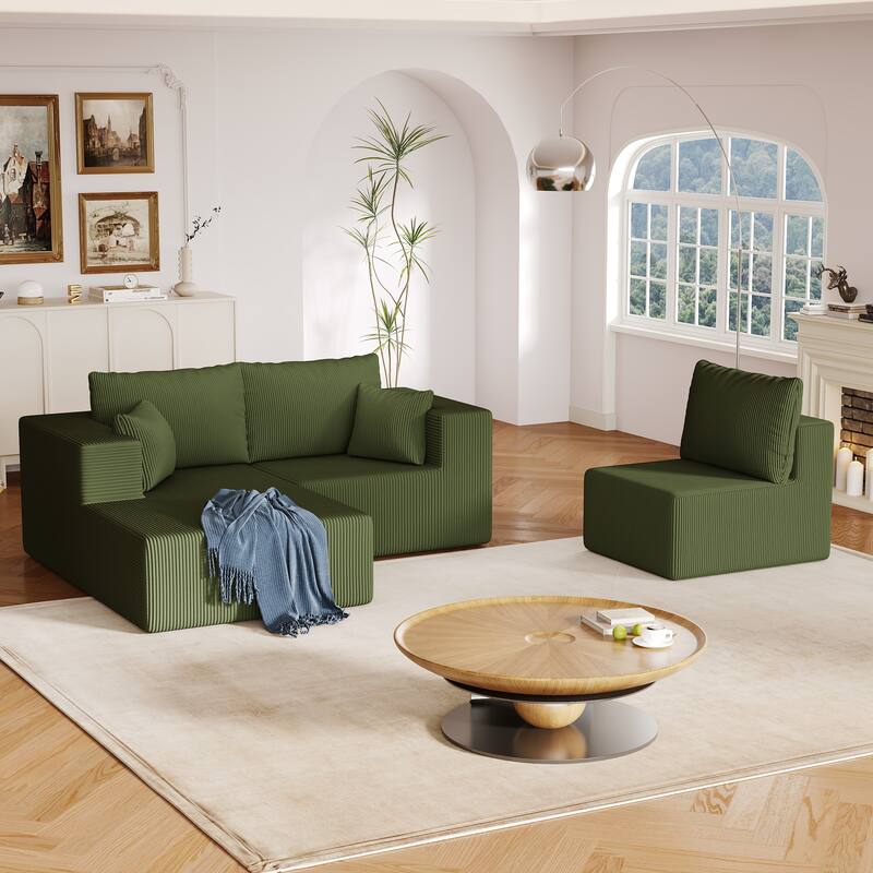 L Shaped Sectional Foam Sofa, Upholstered Corduroy Fabric Sofa, Modular Cloud Couch with Chaise Lounge & Removable Covers