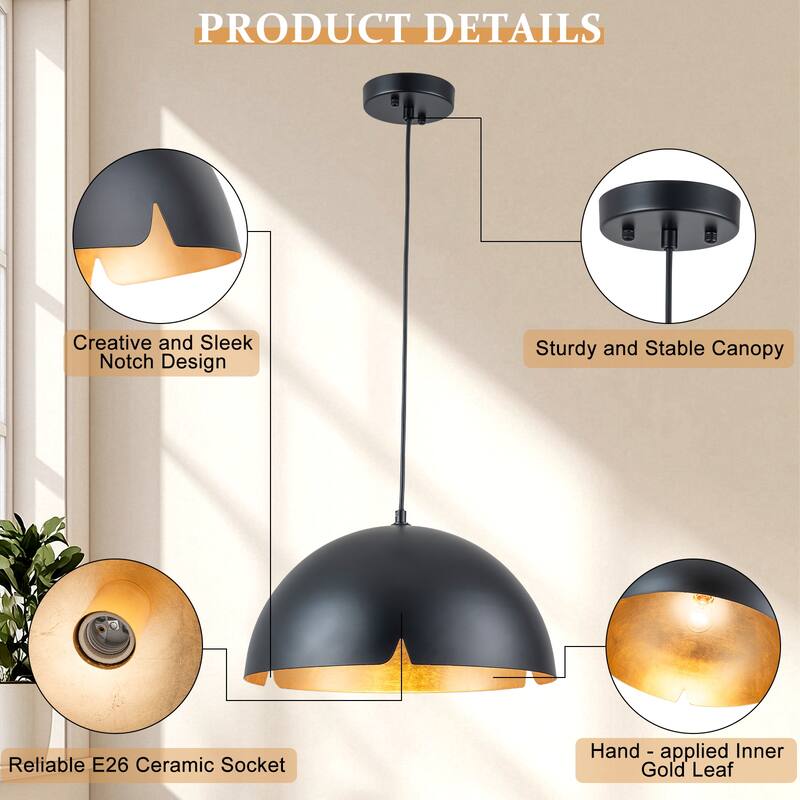 Modern 15" Iron Dome Pendant Light with Gold Foil Interior - Dia.15-in