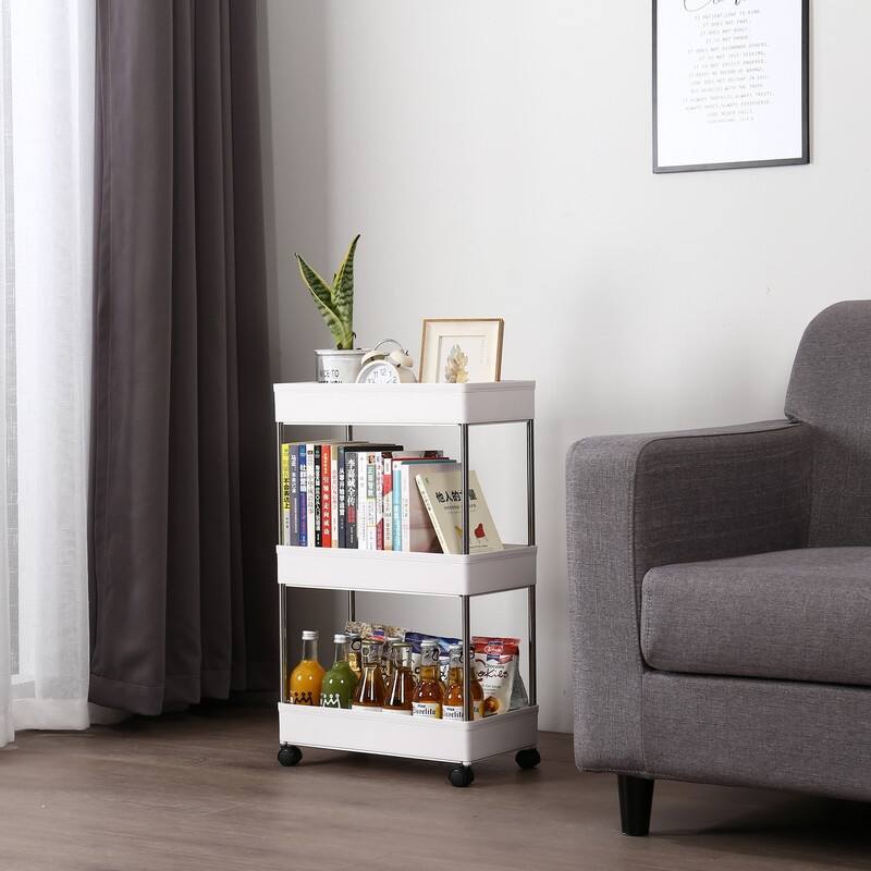 3-Layer Plastic and Stainless Steel Mobile Storage Cart for Kitchen, Bathroom, Narrow Place
