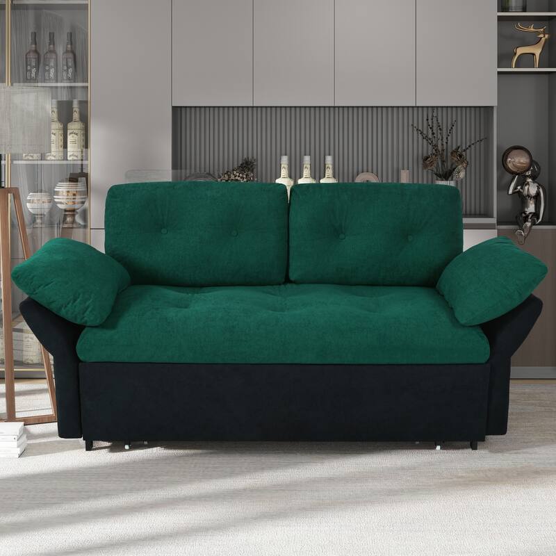 Queen Convertible Pull Out Sofa Bed, Sleeper Sofa Couch with Thicked Cushions, Loveseat Sofa with Side Storage - Black+Green