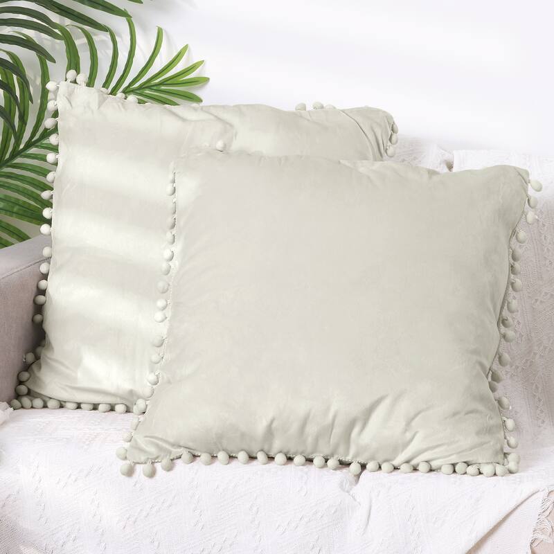 Pack of 2 Velvet Throw Pillow Covers with Pompoms Decorative Pillow Cases Fringe Cushion Covers Velvet Square Sham - Beige - 16 x 16 Inch