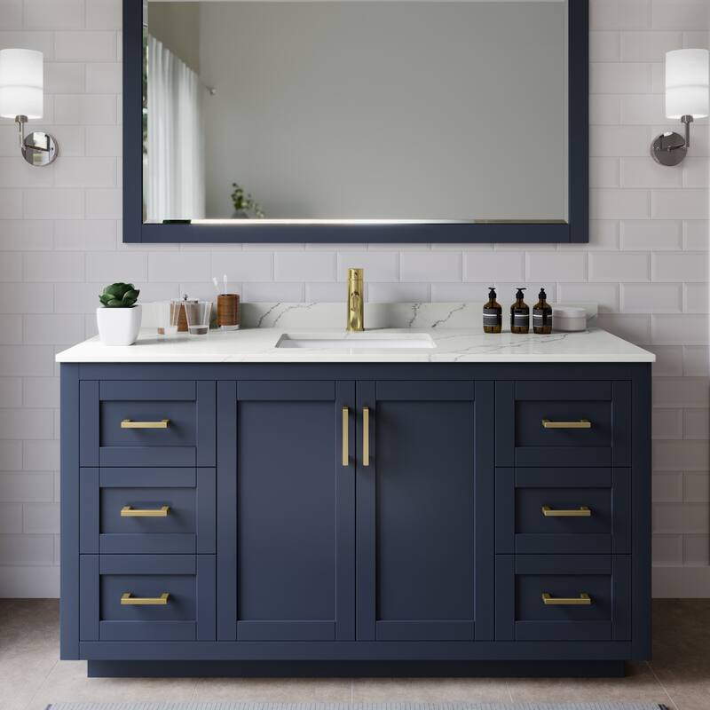 Wyndham Collection WCF292960S-QTZ-UNSMXX Miranda 60" Free Standing - Dark Blue / Giotto Quartz Top / Brushed Gold