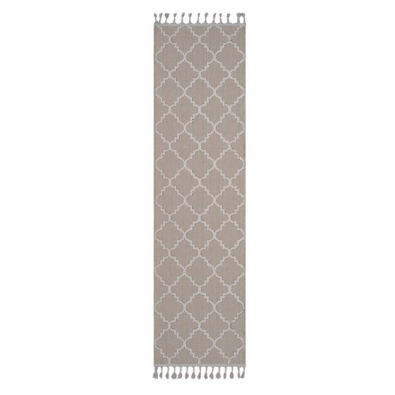 Guros Collection Ivory / Trellis Indoor / Outdoor Non-Shedding Area Rug - 96" D x 26" W x 0.28" H