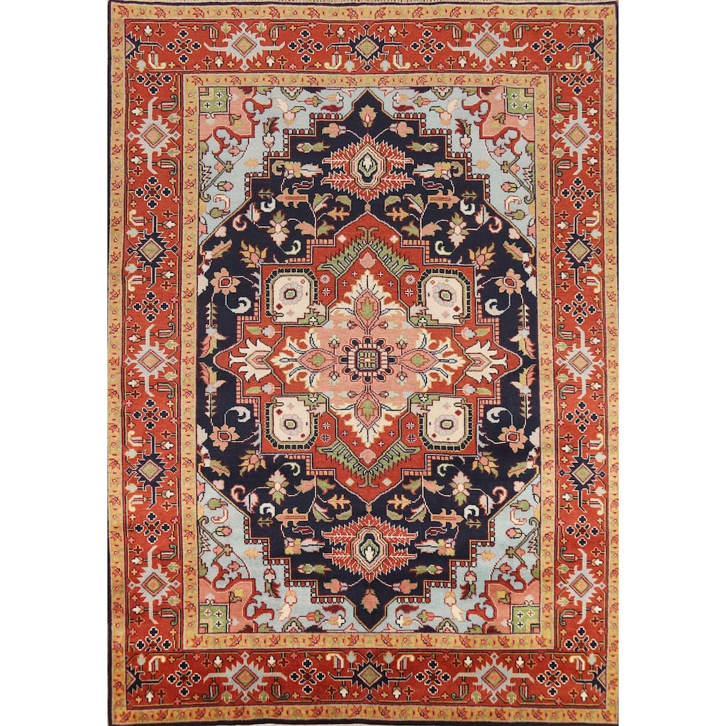 Blues & Orange Heriz Serapi Indian Area Rug Hand-Knotted Wool Carpet - 8'11"x 11'10"