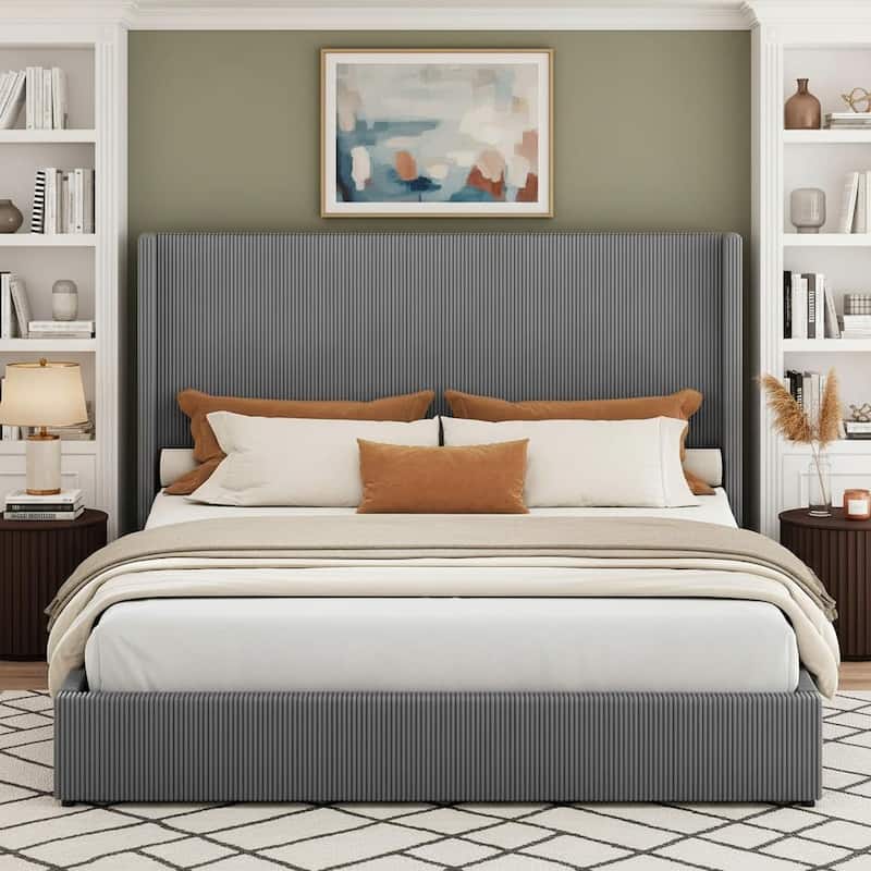 Bed Frame, with 4 Storage Drawer and Headboard - Grey - King