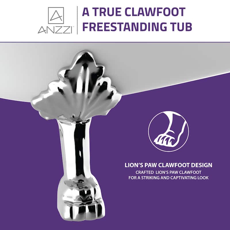 Diamante 67.3" White Acrylic Slipper Claw Foot Tub with Lion's Paw Feet